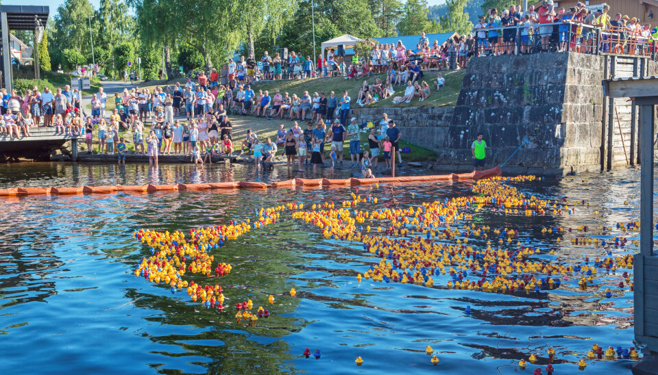 FOLKEFEST: Disse endene deltar i årlig fest ved Lunde sluse. Hva heter arrangementet?